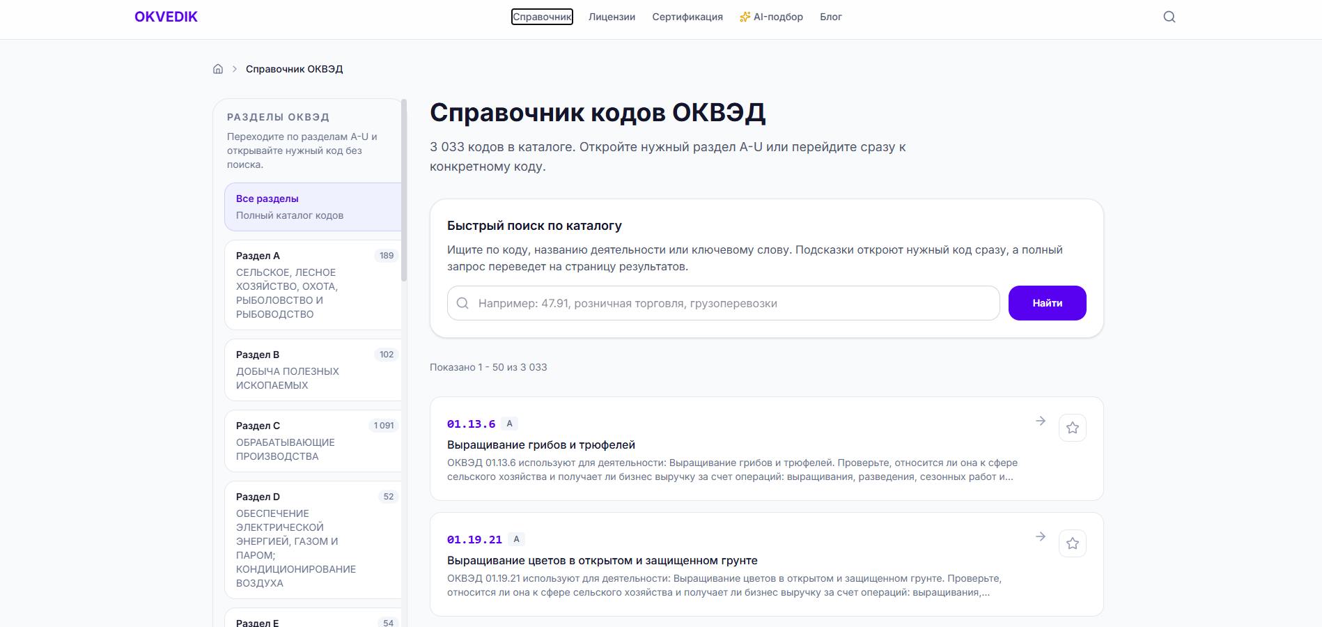 Скриншот проекта справочник ОКВЭД okvedik.ru 2